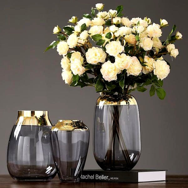 LUSTRE|Grey Glass Vase With Gold Rim