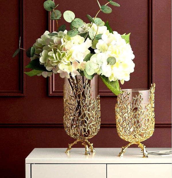 Oasis|Metallic Golden Coral Fusion Glass Vase|Candle Holder