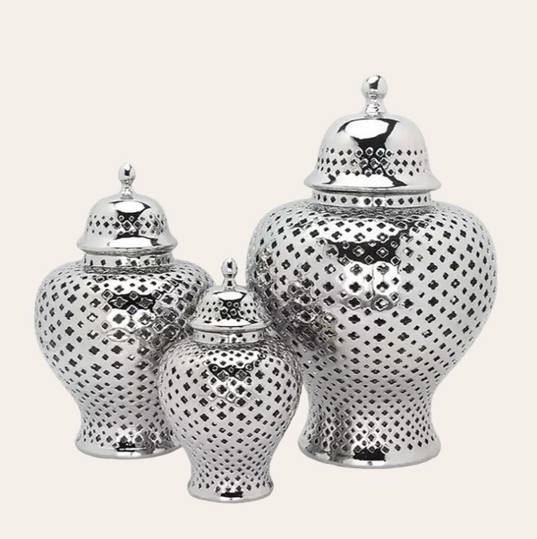 Jamil|Metallic Silver Cutwork Temple Jars