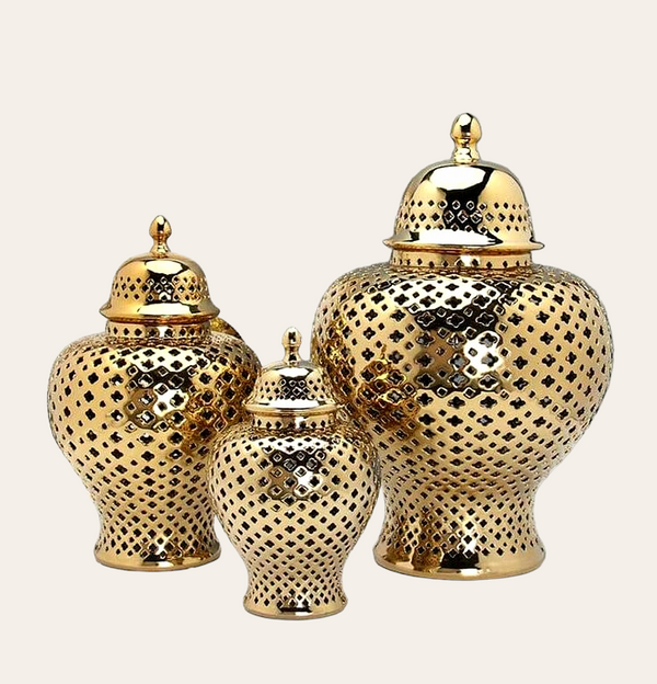 Noor|Metallic Golden Cutwork Temple Jars