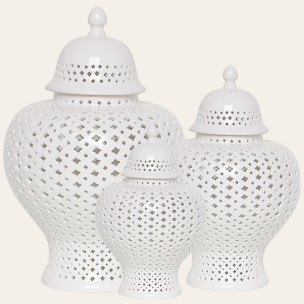 Ivory|White Cutwork Temple Jar