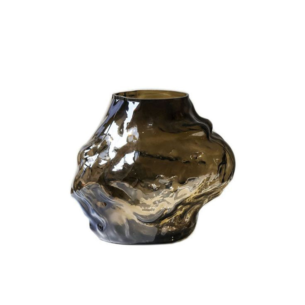 Small abstract glass vase in olive green color 